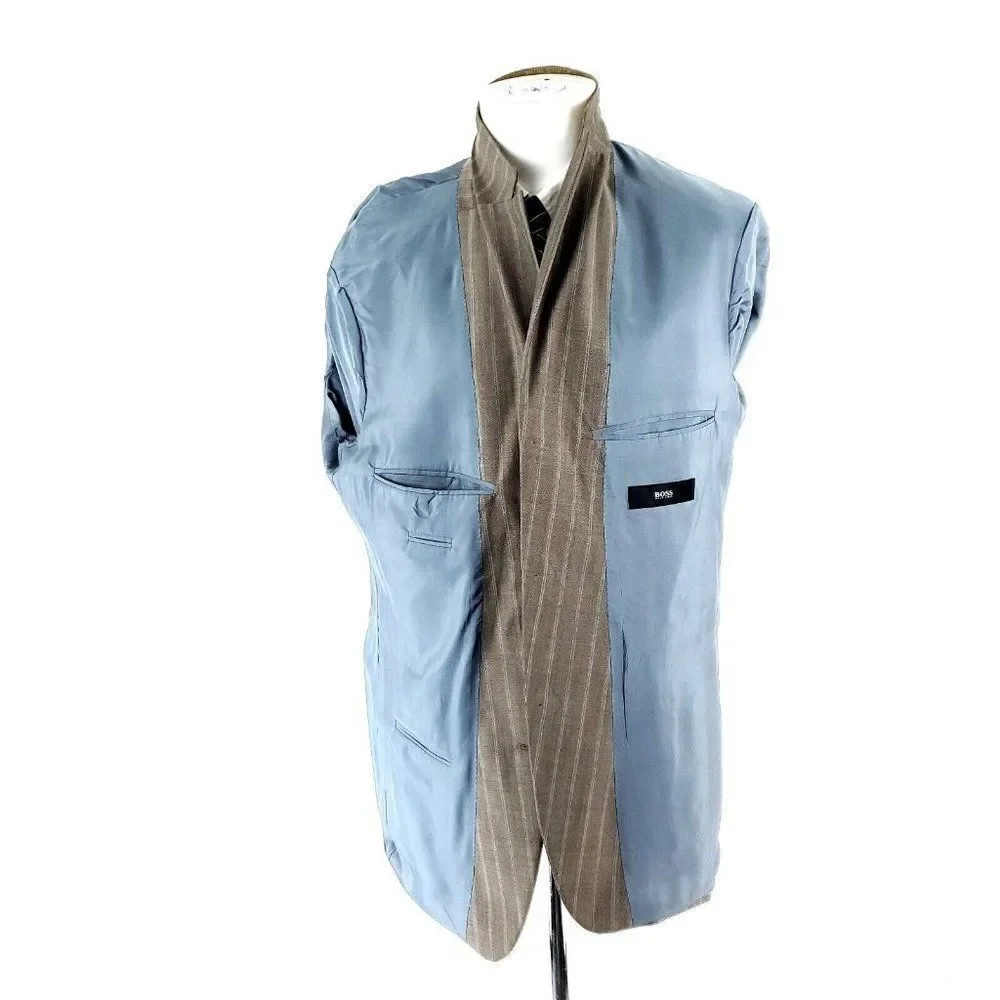 Hugo Boss Rosselini Virgin Wool 3 Button Suit Jacket 42R Beige Birdseye‎ Striped